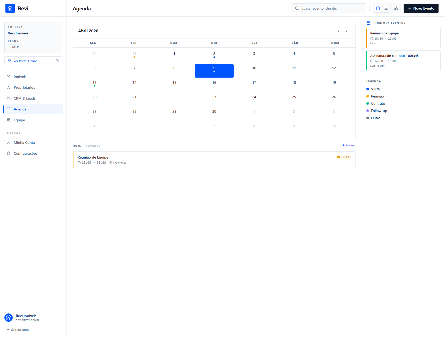 Revi - agenda imobiliária com calendário mensal e eventos coloridos