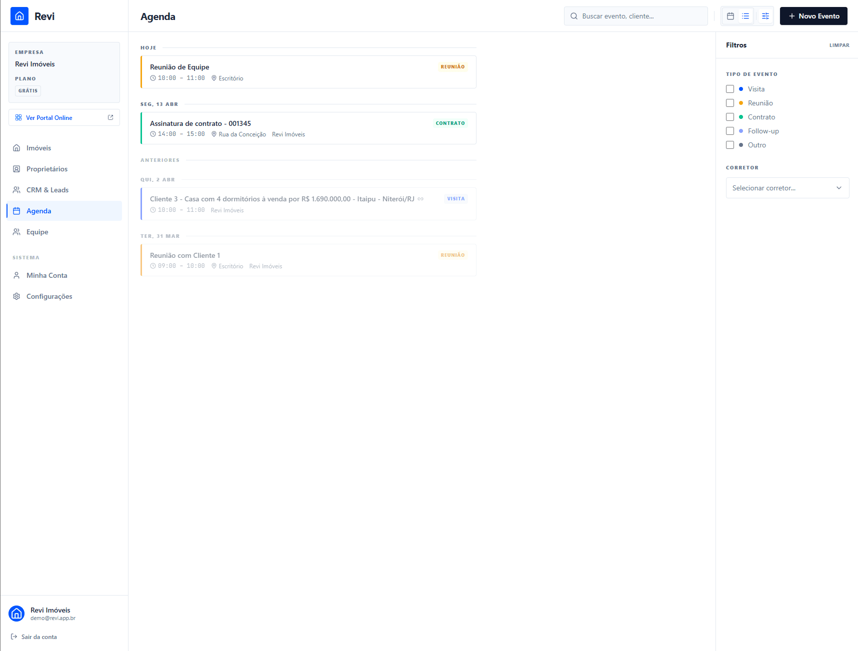 Painel de filtros com checkboxes de tipo de evento e seletor de corretor