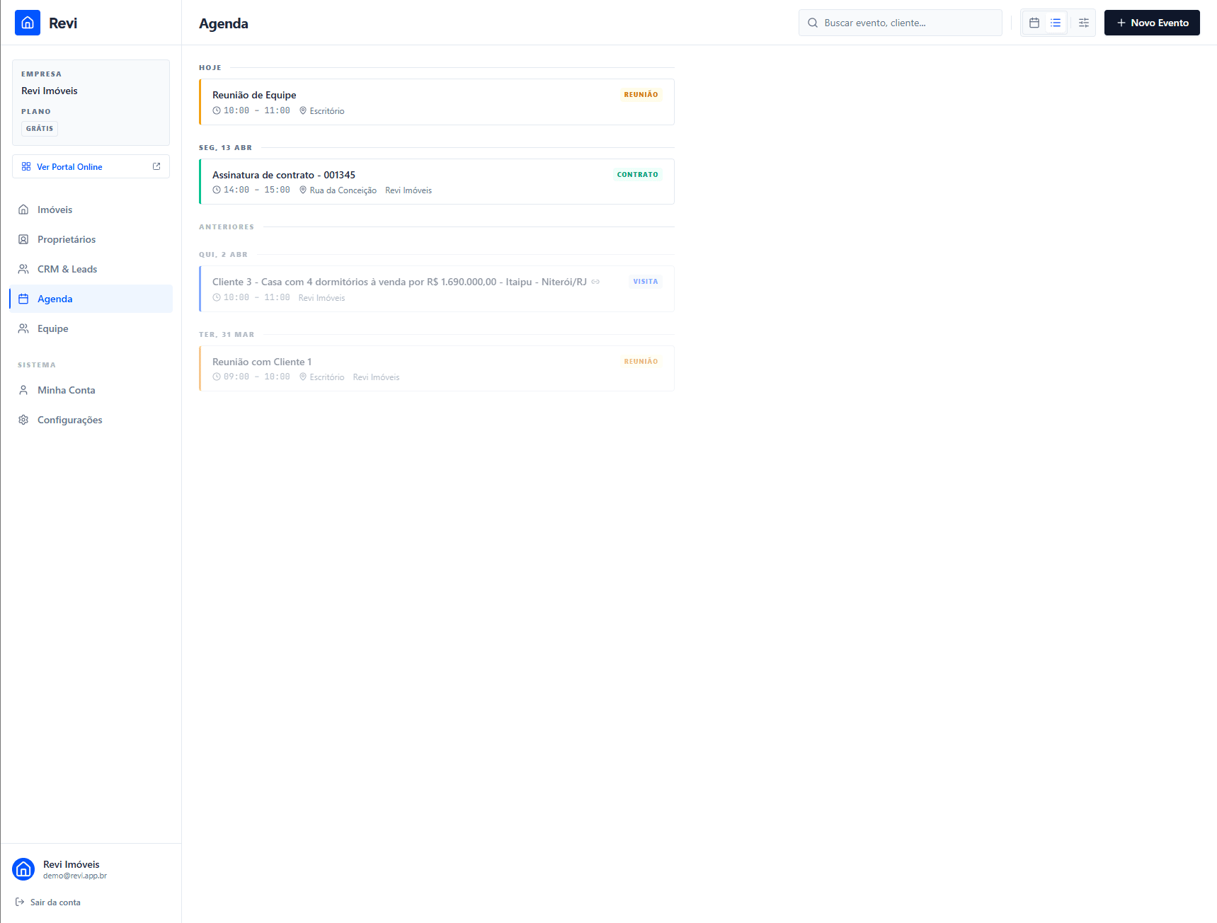 Lista de eventos com separadores por data e cards detalhados