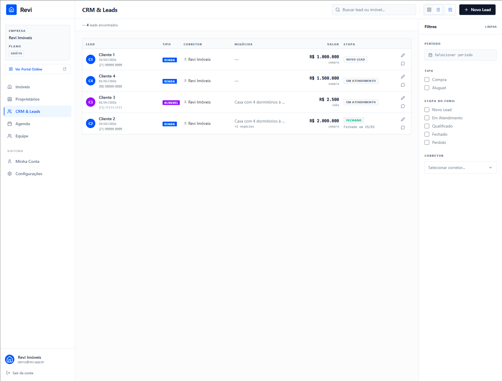 Painel de filtros do CRM com período, tipo, etapa e corretor