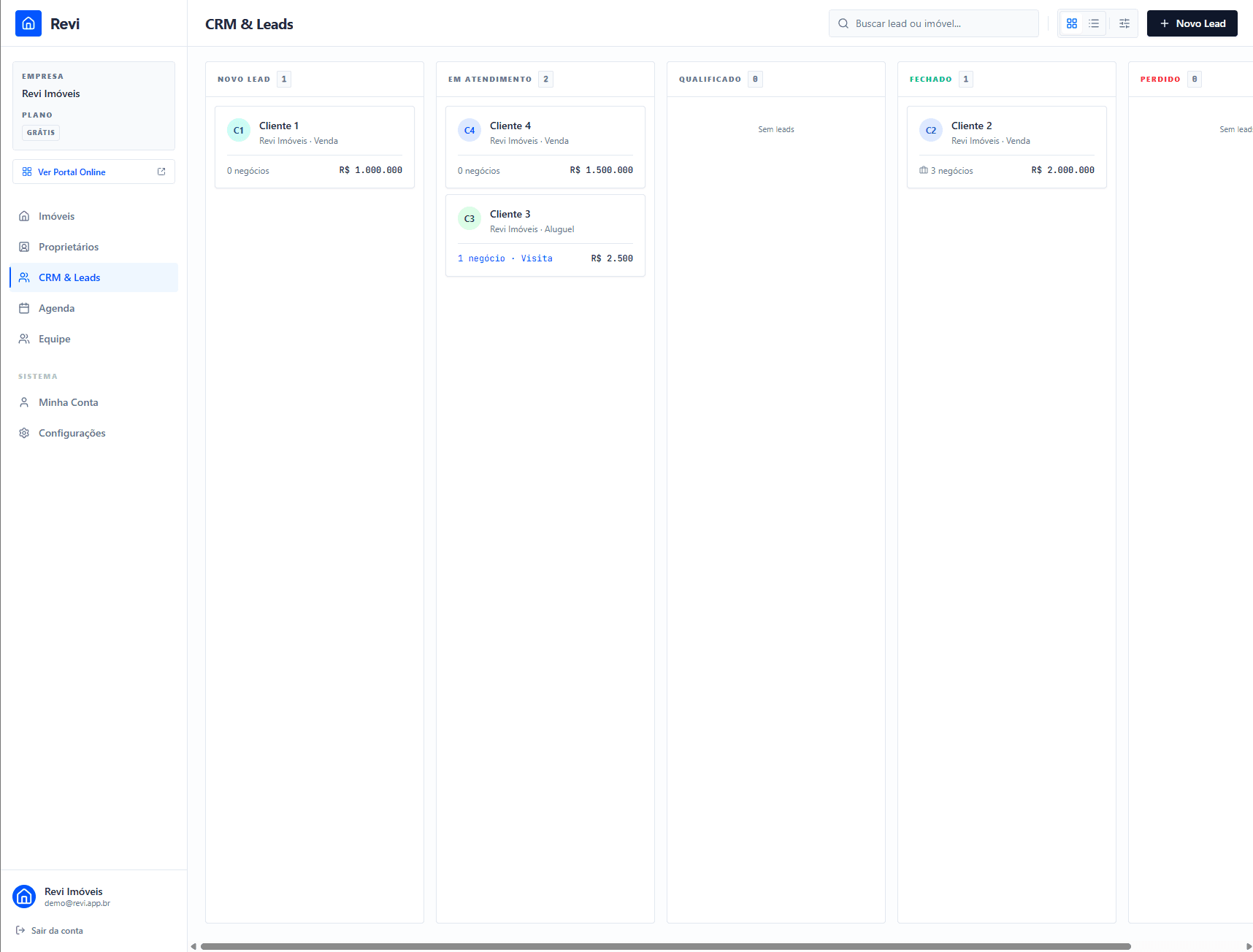Revi CRM - funil kanban com 5 etapas e drag-and-drop