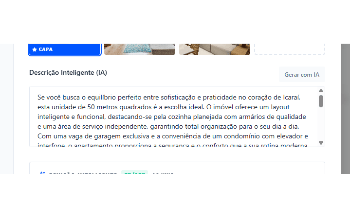 Campo Descrição Inteligente com o botão Gerar com IA e o texto do anúncio
