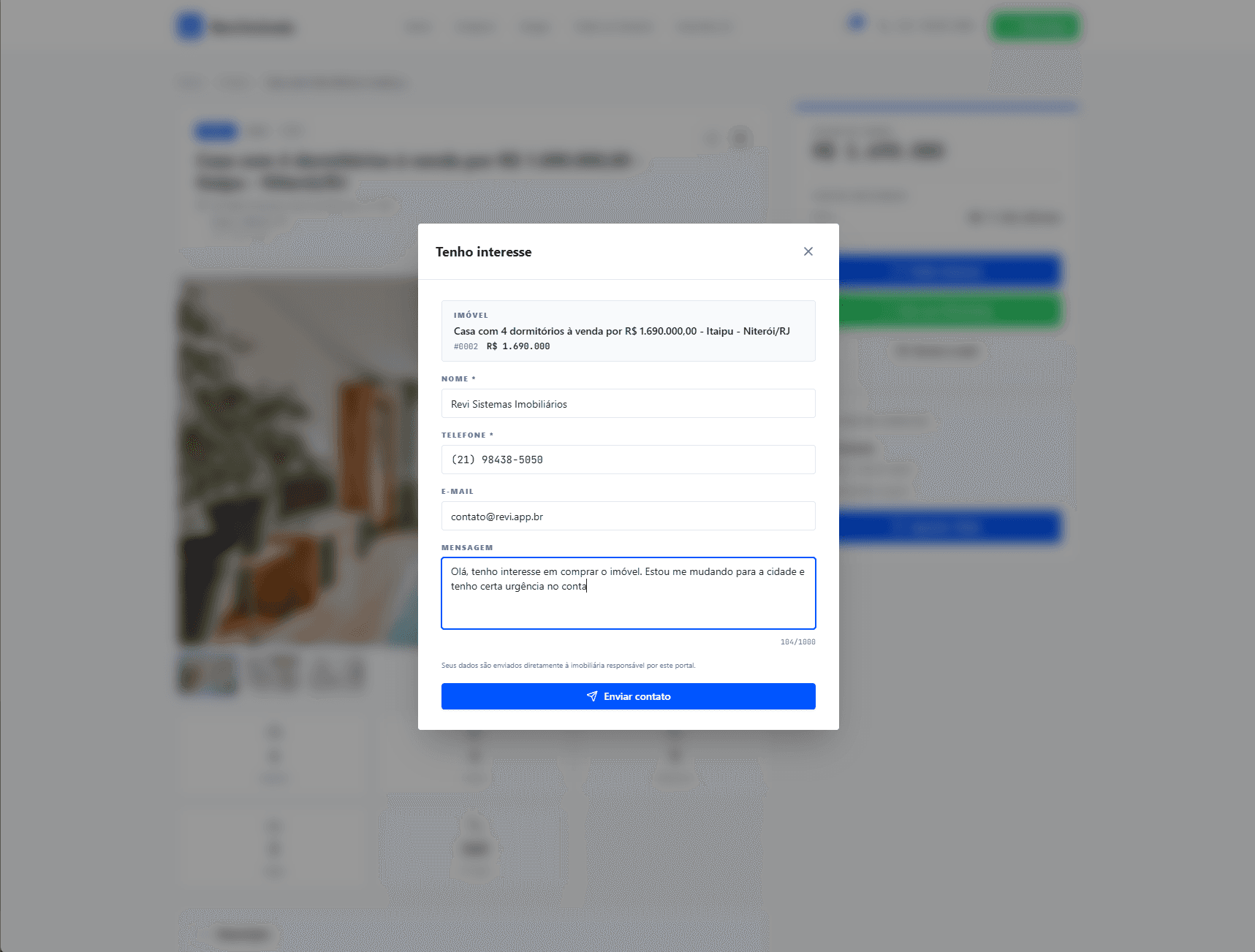 Formulário "Tenho interesse" preenchido na página de um imóvel do portal