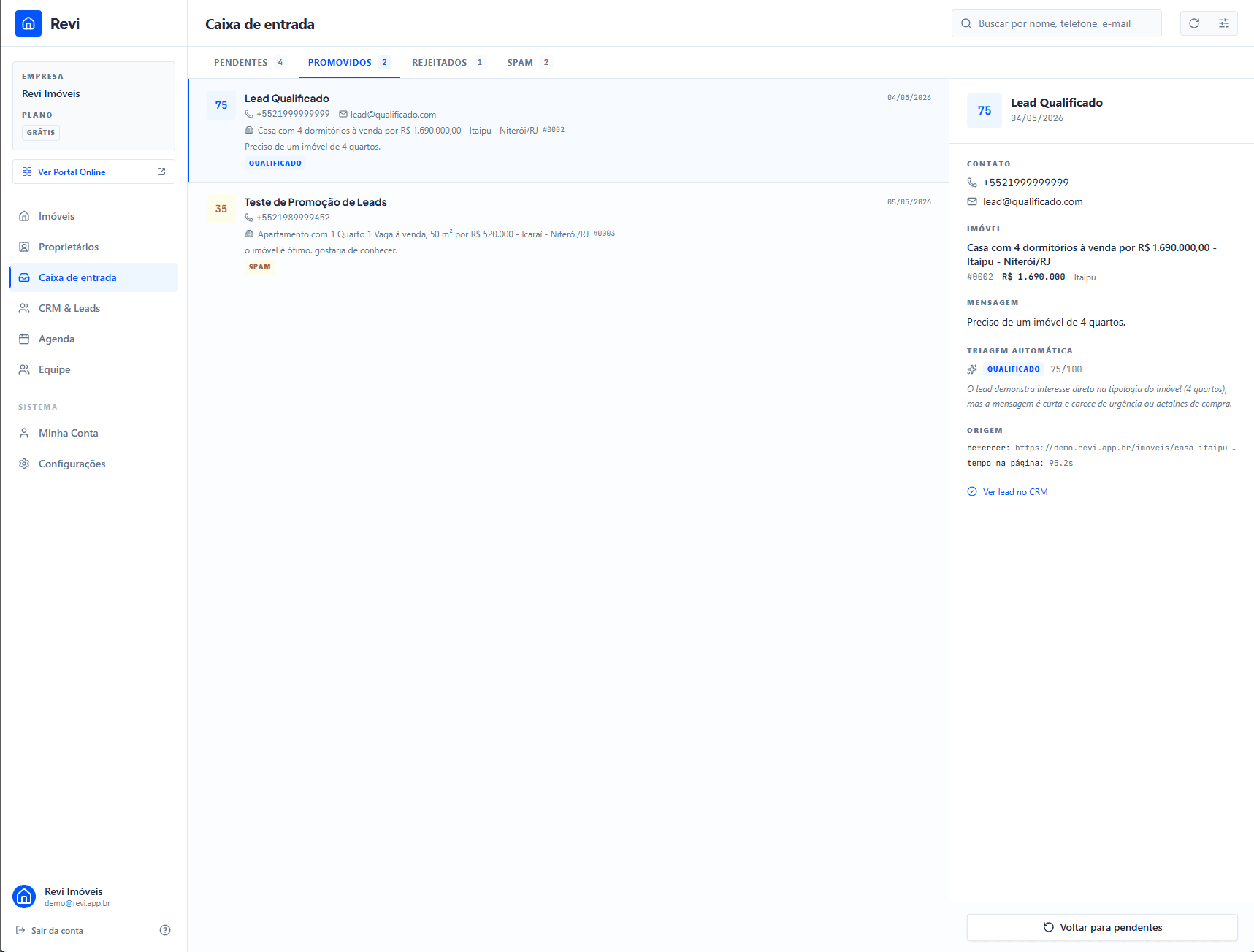 Contato promovido para lead com link para o CRM