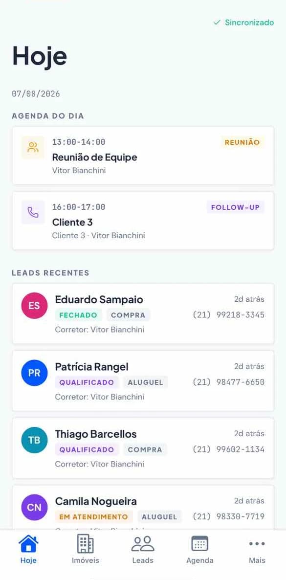 Revi Mobile - tela Hoje com a agenda do dia, leads recentes e status de sincronização