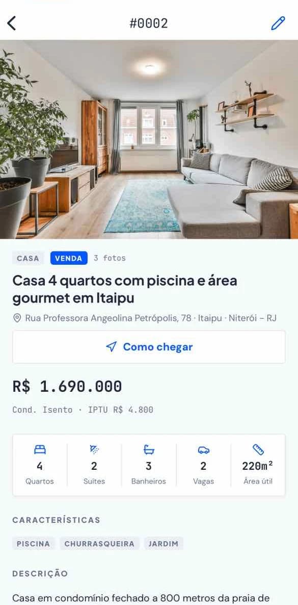 Ficha do imóvel no app com galeria, características e botão de rota