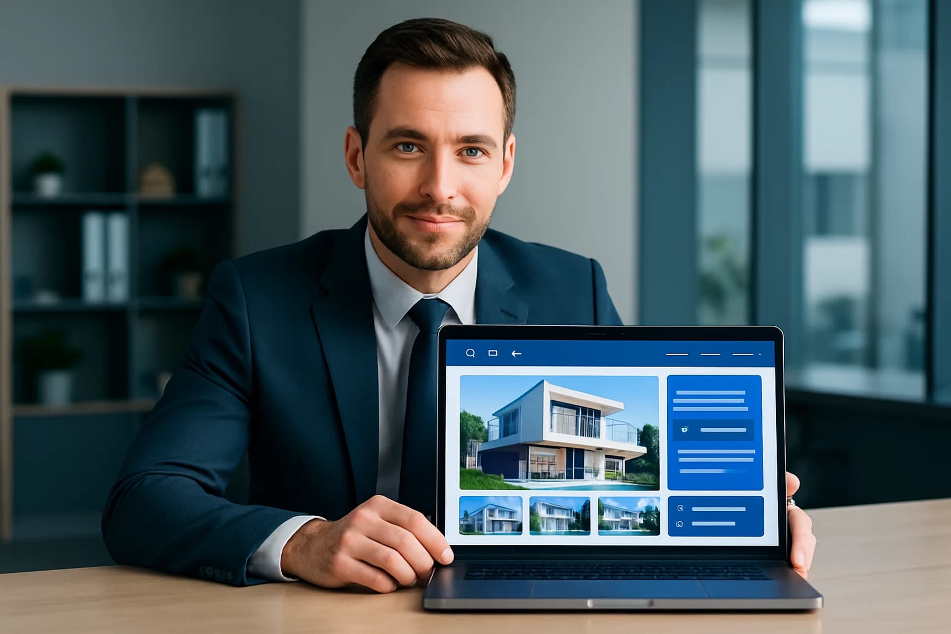 Corretor de imóveis com laptop exibindo site profissional imobiliário
